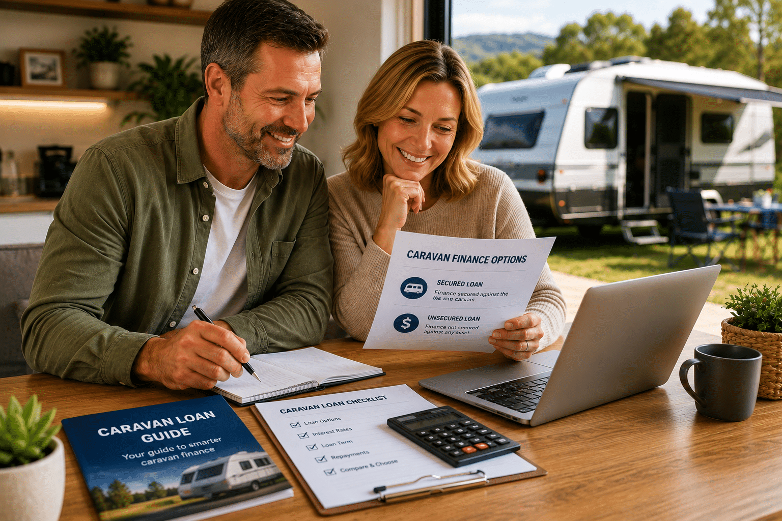 Family exploring caravan loan options while viewing a new van in Australia