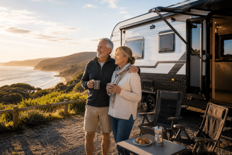 Retired couple planning their Big Lap with grey nomad finance