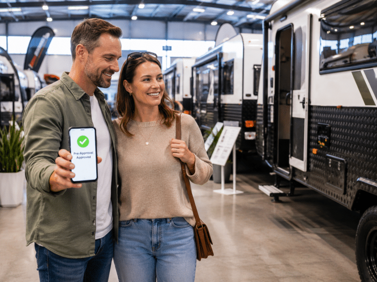 Couple shopping for a caravan after arranging caravan finance pre-approval