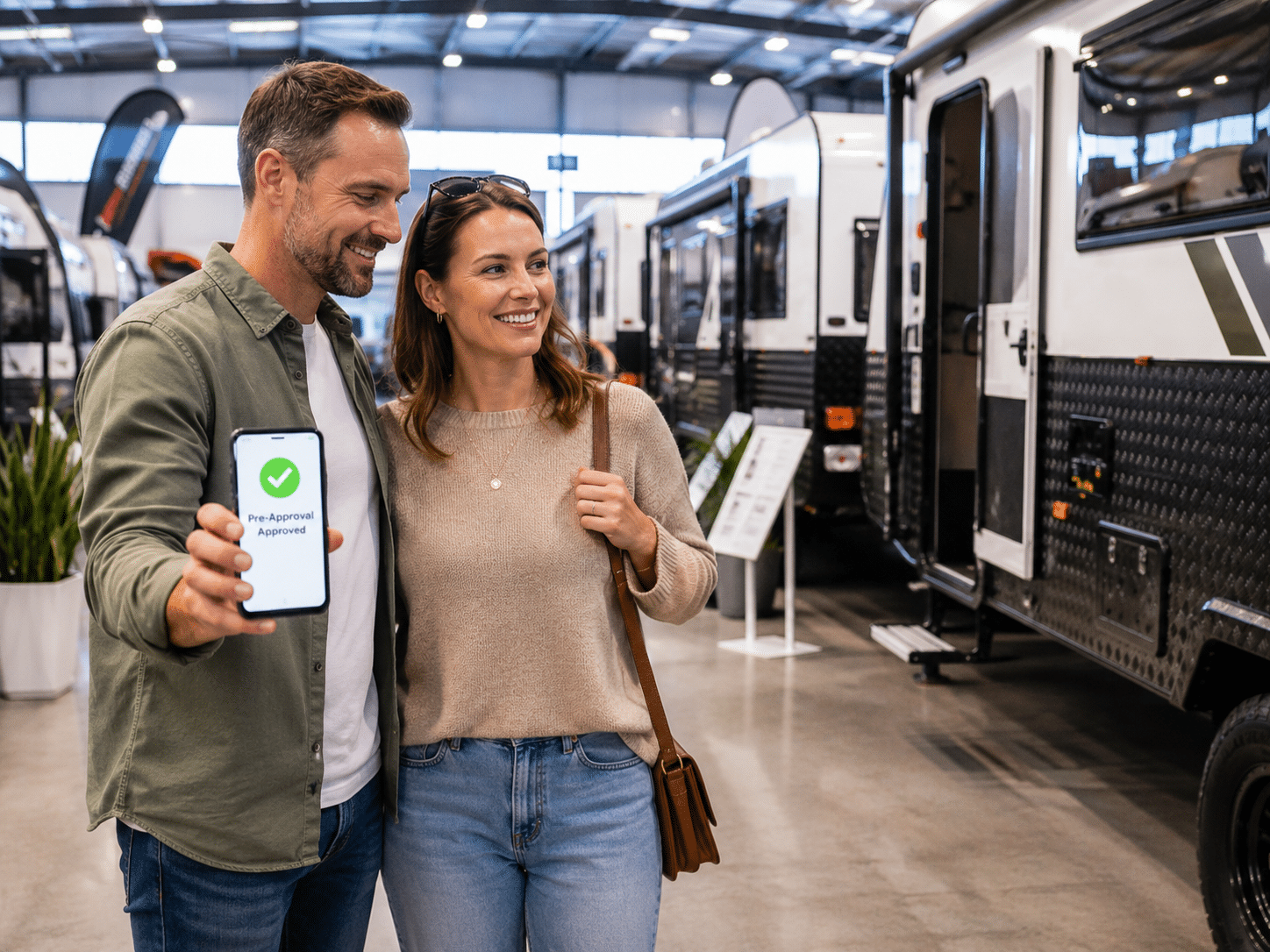 Couple shopping for a caravan after arranging caravan finance pre-approval