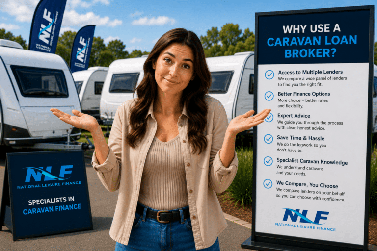 Woman comparing caravan finance broker options at a caravan dealership